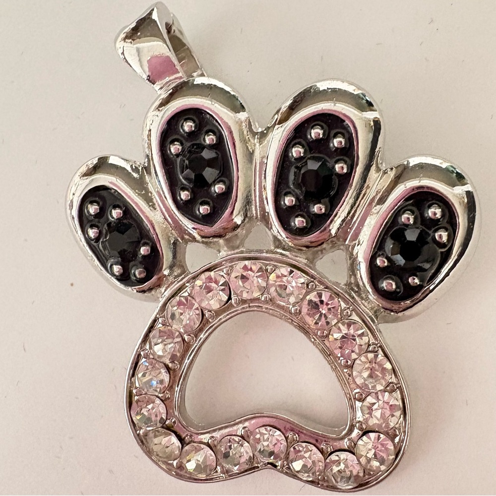 Elegant Silver tone with black rhinestones, Paw Pendant
